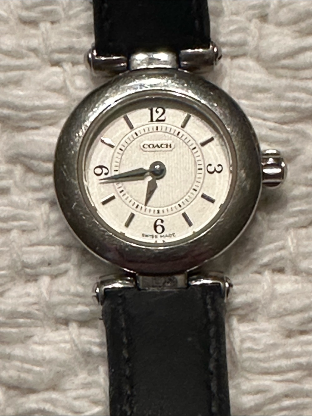 Coach Silver-Tone Round Case Watch with Black Leather Strap